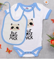 BK Kids But First Milk Tasarımlı Mavi Bebek Body Zıbın ve Mama Önlüğü Hediye Seti-1