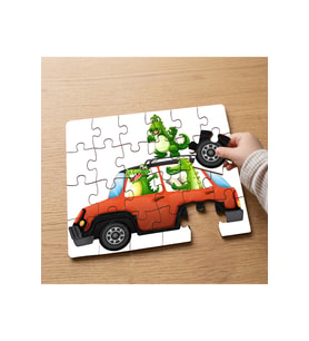 Arabada Sevimli Dinozorlar Tasarımlı 24 Parça Ahşap Çocuk Puzzle MPK0335