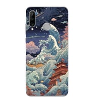 Huawei P30 Lite Uyumlu Kanagawa Dalga Kolaj Desenli Şeffaf Telefon Kılıfı