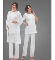 NEHİR 2036 Hamile Lohusa 3Lü Pijama Sabahlık Takım (Ekru)