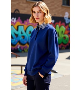 Kadın Polo Yaka Düşük Kol Düğme Detaylı Sweatshirt Fonksiyonel Dayanıklı Kaliteli Konforlu
