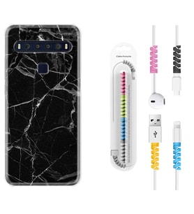TCL 10L 10 Plus 10SE 20E 20SE 30SE L7 Kılıf Kablo Koruma Spiral Silikon Fragile Black Mermer 1378