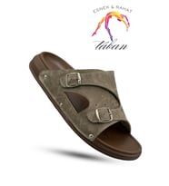 Sermoda Erkek Terlik - Çift Toka Ayarlanabilir Esnek Taban Deri Erkek Terlik T Haki