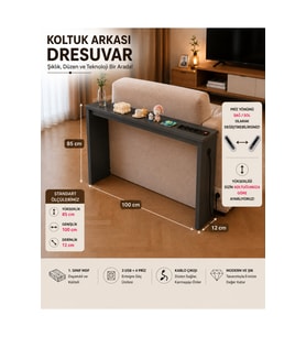 Café Royale Vintage & USB-Tech Konsol Raf - 3 USB + 4 Priz Girişli MDF Koltuk Arkası Raf Dresuar Antrasit 100x85x12