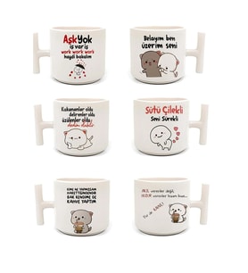 Beyaz T Kulp 6 Lı Espirili Sözler Temalı Latte Fincan Modelleri
