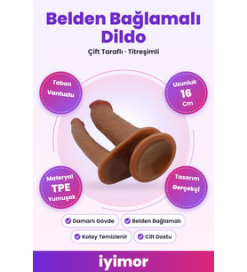 16 Cm Vantuzlu Çift Taraflı Realistik Melez Titreşimli Belden Bağlamalı Penis – iyimor