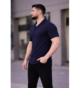 Erkek Waffle Kumaş Kısa Kollu Düğmeli Açık Yaka Regular Fit Gömlek - Lacivert