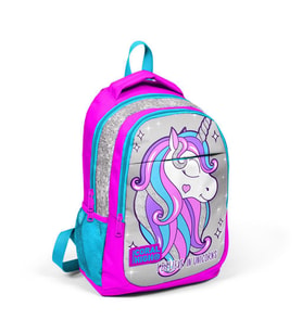 Coral High Kids Pembe Gümüş Simli Unicorn Desenli Üç Bölmeli  Okul Sırt Çantası 14383
