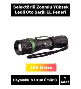 Özel Seri 200 Metre Menzilli 3 Modlu Beyaz Işık Selektörlü Zoomlu Yüksek Ledli Oto Şarjlı EL Feneri