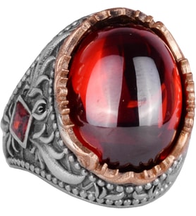 Yapay Taş Yüzük - El Yapımı Erkek Yüzüğü - Şık 925 Ayar Gümüş Erkek Takısı (Yapılmış Cabochon Garnet)