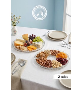 Selen Concept Linea Damla Cizgili Model El Yapımı Cam Yuvarlak Supla Sunumluk Servis Tabağı 2'li Set (Şeffaf)