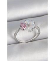 Mey İthalat® Pirinç Gümüş Renk Beyaz Mineli Pembe Zirkon Taşlı Çiçek Model Kadın Yüzük