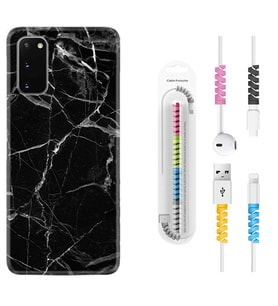 Samsung A02S A03S A10 A12 A13 A21S A22 Kılıf Kablo Koruma Spiral Silikon Fragile Black Mermer 1378