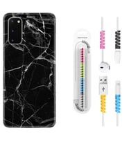 Samsung A02S A03S A10 A12 A13 A21S A22 Kılıf Kablo Koruma Spiral Silikon Fragile Black Mermer 1378