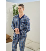 Erkek V Yaka Boydan Dümeli Pijama Takımı (Mavi)