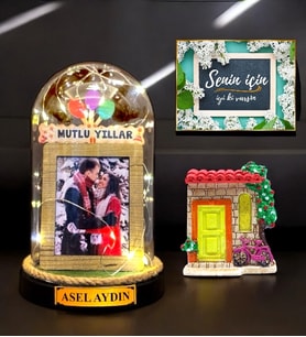 Kişiye Özel Işıklı Fanus & Magnet  MUTLU YILLAR Temalı İsimli ve Fotoğraflı  Büyük Boy