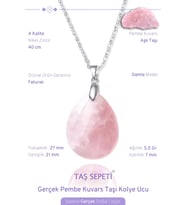 Gerçek Pembe Kuvars Doğal Taşı Damla Model Zincirli Kolye Ucu