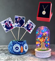 Renkli Işıklı Fanus, 3 Fotoğraflı Baykuş ve Tasarım Kolye Seti (Model 5)