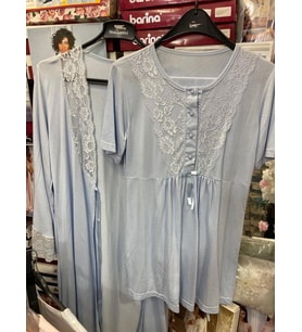 NEHİR 2036  Mavi Hamile Lohusa 3Lü Pijama Sabahlık Takım