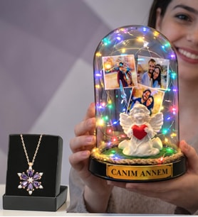 Anneler Günü Hediyesi Fotoğraflı Renkli Işıklı Melek Annem Fanus ve Gerçek Ametist Taşlı Lotus Kolye