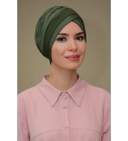 Haki Pratik Hazır Geçmeli Tesettür Bone Fukuro Piliseli Tek Bantlı Çapraz Büzgülü 1821_09