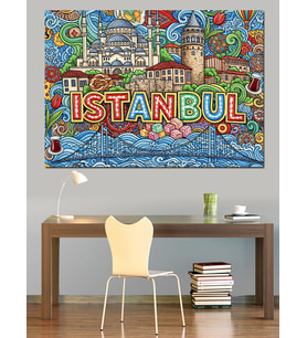 Renkli İstanbul Yazılı Şehir Kolajı Dekoratif Kanvas - Mdf Ahşap Tablo