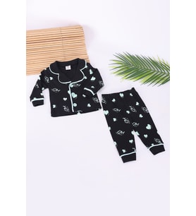 VaVbaby %100 Pamuk Kruvaze Yaka Önden Düğmeli  Yeşil Kalpli Siyah Mevsimlik Bebek Pijama Takım (Ay)