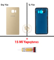 Samsung Galaxy S6 Edge Gold Renk Arka Kapak + B7000 Yapıştırıcı Arka Cam Batarya Kapağı Pil Kapağı Lazer Kesim Back Cover Galaxy S6 Edge Uyumlu