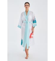 Peraluna LOTUS Balık Aplikeli Keten Karışımlı Diz Altı Kadın Kimono - Beyaz