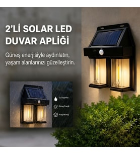 2&amp;#39;li Solar Güneş Enerjili LED Duvar Apliği, Hareket Sensörlü, Şarjlı, Kablosuz Dış Mekân Bahçe ve Kapı Lambası (5690)