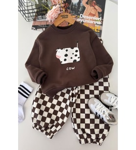 Cow Baskılı Damalı Unisex Çocuk Oversize Takım - Kahverengi