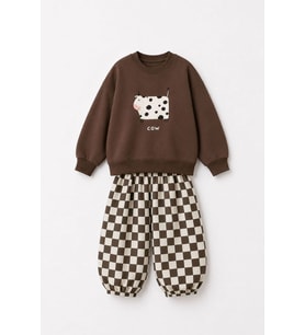 Cow Baskılı Damalı Unisex Çocuk Oversize Takım - Kahverengi