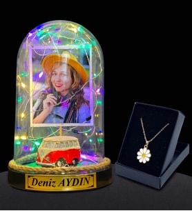 Kişiye Özel Renkli Led Işıklı Fanus ve Tasarım Kolye Hediye Seti (Model 2)