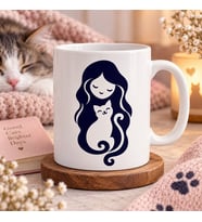Kadın ve Kedi Minimal Silüet Baskılı Kupa – Kedi Sever Kadına Hediye