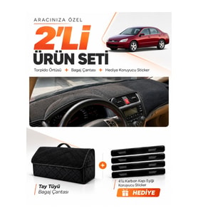 HONDA ACCORD (2002-2008) Uyumlu Torpido Örtüsü + Tay Tüyü Bagaj Çantası + Sticker Seti - Siyah