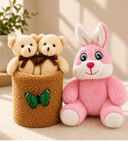 Pembe Peluş Tavşan ve Peluş Saksıda Ayıcıklar Buketi Sevgiliye Kadına Arkadaşa Hediye