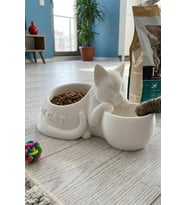Kedi Figürlü Mama Kabı Çift Hazneli Dekoratif Mama ve Su Kabı 25 cm