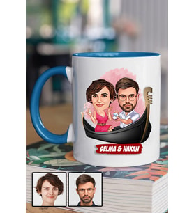 Çiftlere Özel Hediye Tek Taş Yüzük Temalı Karikatürlü Mavi Kupa Bardak