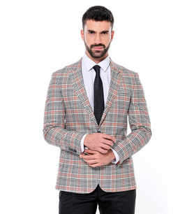 Ekose Desenli Slim Fit Turuncu Siyah Erkek Ceket - Wessi (Füme)