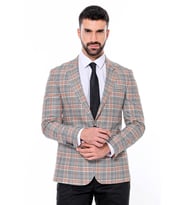 Ekose Desenli Slim Fit Turuncu Siyah Erkek Ceket - Wessi (Füme)