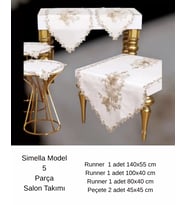 Simella Model Krem-Kapiçino Çeyizlik Nakış İşlemeli Masa Örtüsü Runner Seti Salon Takımı