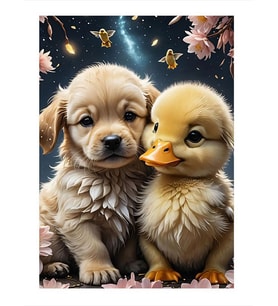 Yavru Köpek Ve Ördek Desenli Ahşap Tablo