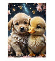 Yavru Köpek Ve Ördek Desenli Ahşap Tablo
