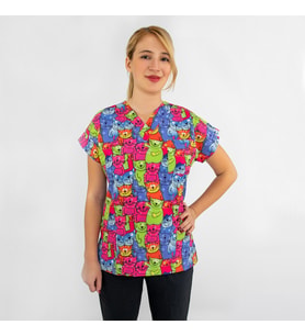 Unisex Renkli Kediler Desenli Esnek  Likralı Veteriner Hemşire Estetisyen Scrubs Tek  Üst Forma (Karışık)