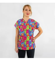Unisex Renkli Kediler Desenli Esnek  Likralı Veteriner Hemşire Estetisyen Scrubs Tek  Üst Forma (Karışık)