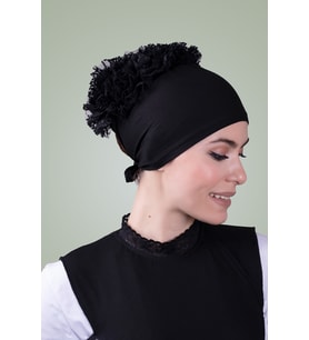 Siyah Arkadan Bağlamalı Tesettür Bone Viskon Kumaş Fırfır Bone 1006_01
