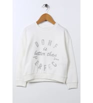 Kız Çocuk Bisiklet Yaka Önü Taş Baskılı Pamuklu Düşük Omuz Ekru Sweatshirt