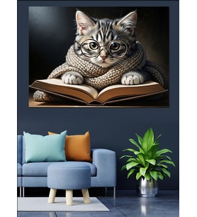 Kitap Okuyan Sevimli Tekir Kedi Dekoratif Kanvas - Mdf Ahşap Tablo