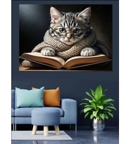 Kitap Okuyan Sevimli Tekir Kedi Dekoratif Kanvas - Mdf Ahşap Tablo