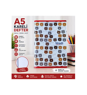 A5 Kareli Defter 60 Yaprak – Sevimli Ayıcık Desenli PP Kapaklı Okul ve Ders Defteri